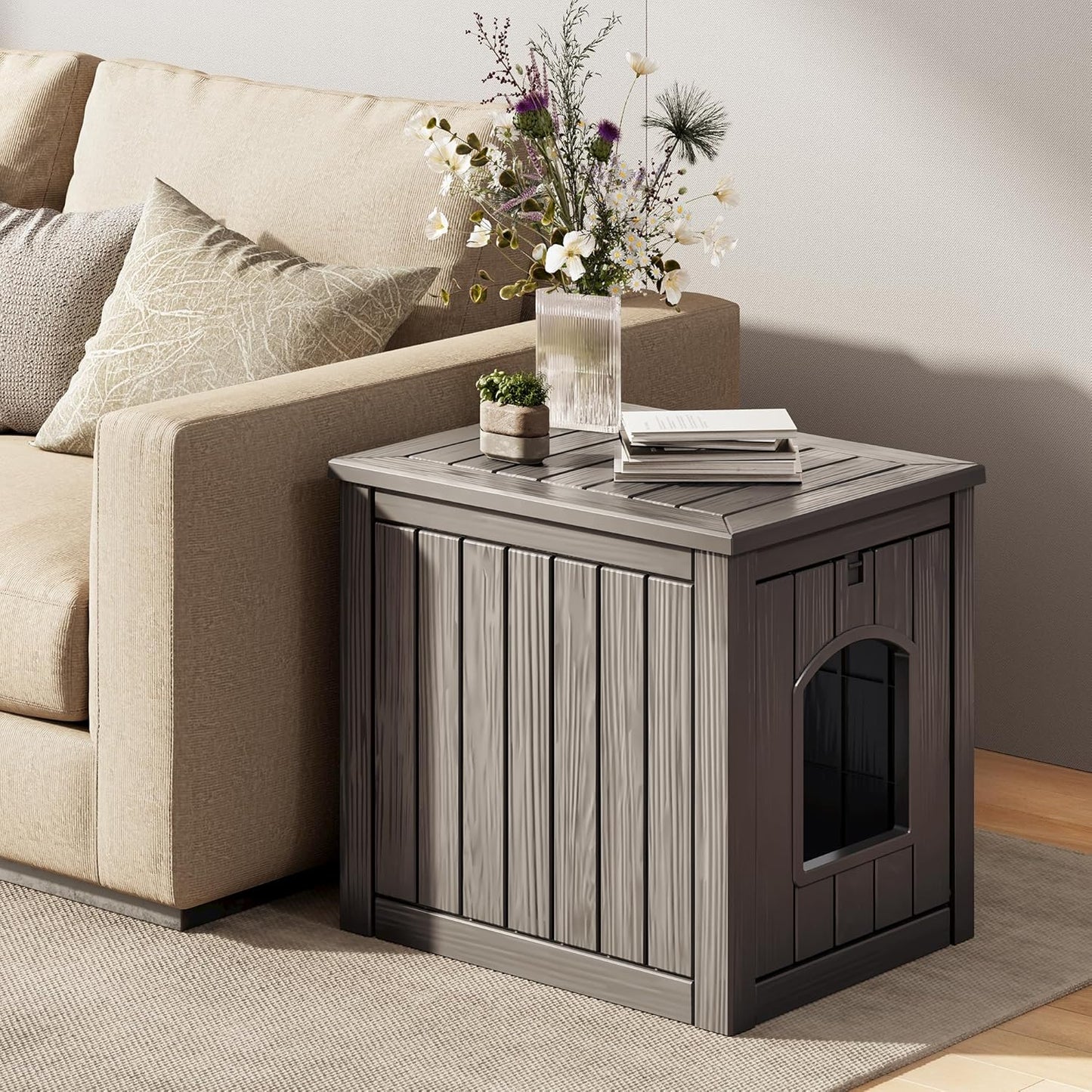 Outdoor & Indoor Dog House for Weatherproof and Stylish Furniture, Insulated Dog House Outdoor, Multi - Use for Small and Medium Dogs (Grey, 22.8" L × 17.7" W × 21.7" H)