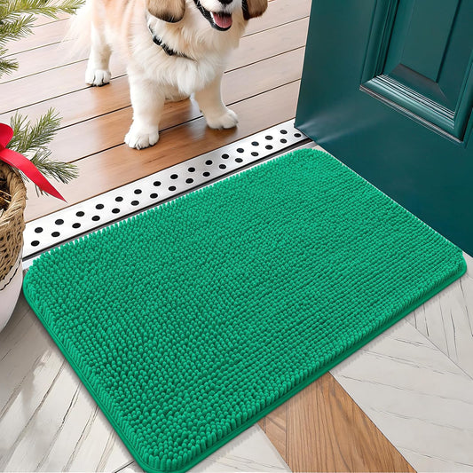 OLANLY Dog Door Mat for Muddy Paws 24x16, Absorbs Moisture and Dirt, Absorbent Non-Slip Washable Doormat, Quick Dry Chenille Mud Mat, Entry Indoor Entryway Carpet for Inside Floor, Emerald Green