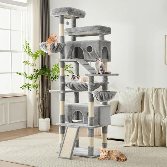 Cat Tree, 80-Inch Large Cat Tower with 9 Scratching Posts, 2 Perches, 2 Caves, 2 Basket, 2 Stairs, Extra Large Hammock, Pompoms, Multi-Level Plush Cat Condo for Indoor Cats/Light Grey
