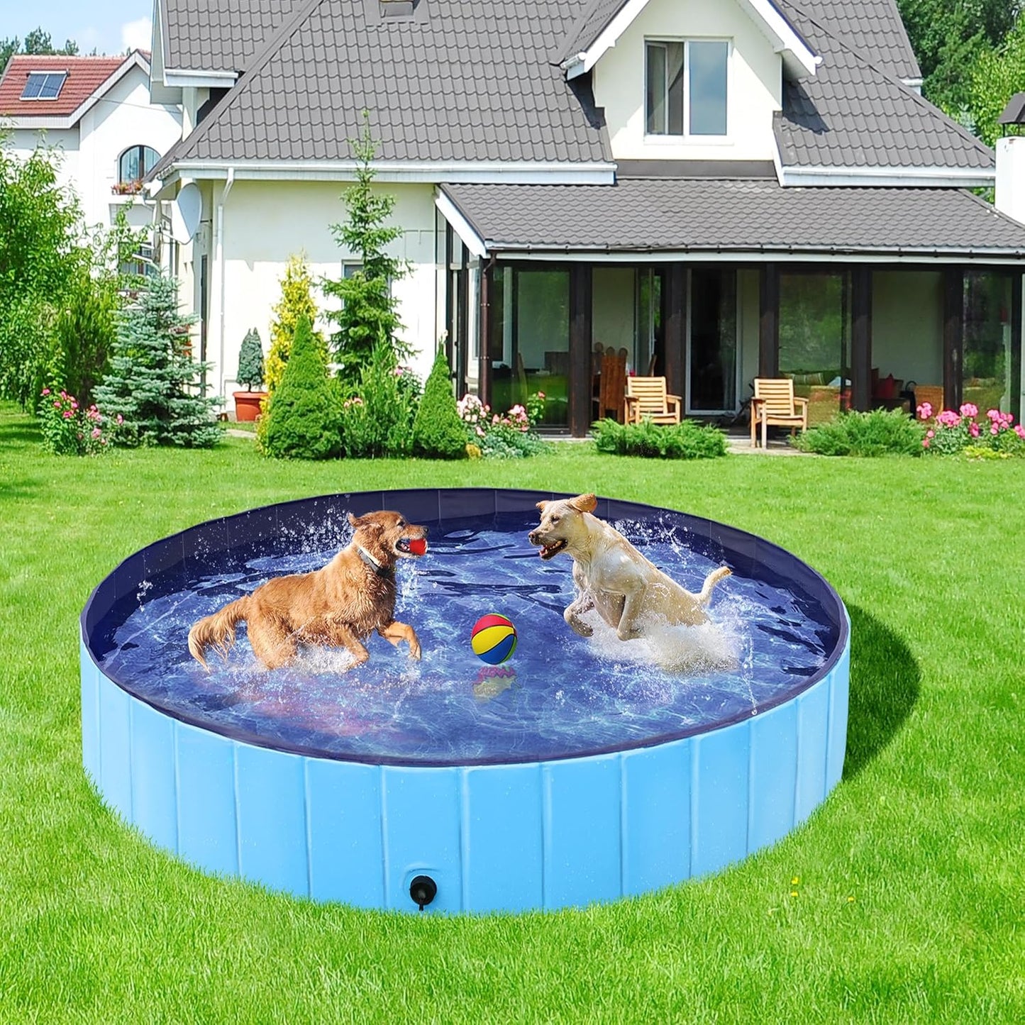 Yaheetech Foldable Dog Pools 63 x 12 Inches Collapsible Hard Plastic Pets Swimming Pool Portable Puppy Bath Tub Cat Shower Pet Wading Pool for Outdoor/Indoor w/Pet Repair Patches, Blue