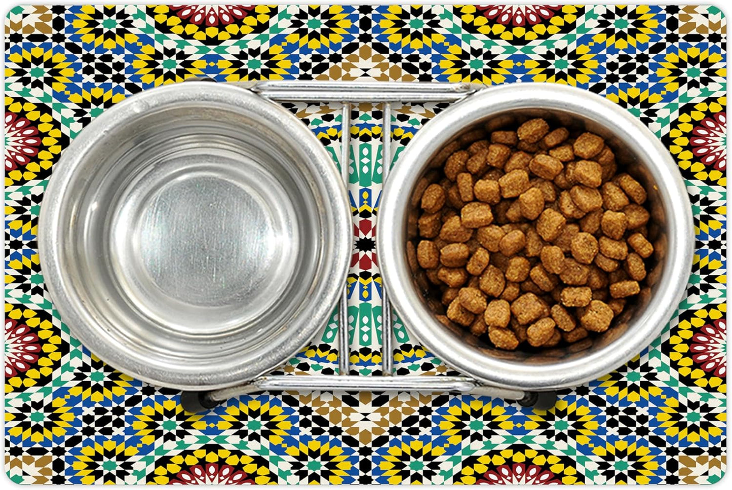 Lunarable Moroccan Pet Mat for Food and Water, Architectural Glaze Wall Tile Ceramic Historical Traveling Destinations, Non-Slip Rubber Mat for Dogs and Cats, 18" X 12", Khaki Blue