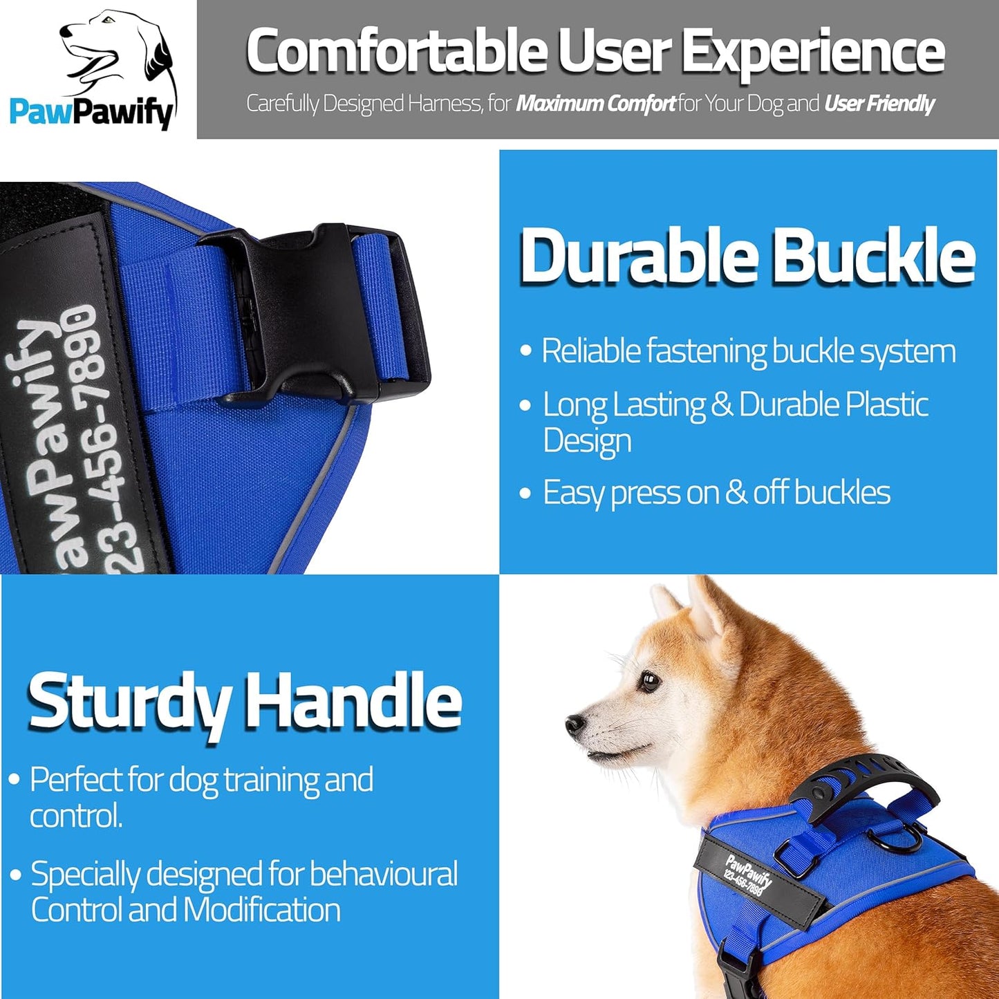 PawPawify Custom No Pull Dog Harness with Name and Phone Number, Heavy Duty Personalized Pet Vest to Prevent Tugging, Pulling, or Choking, Training and Walking (New Blue, XXL (85-140 LBS))