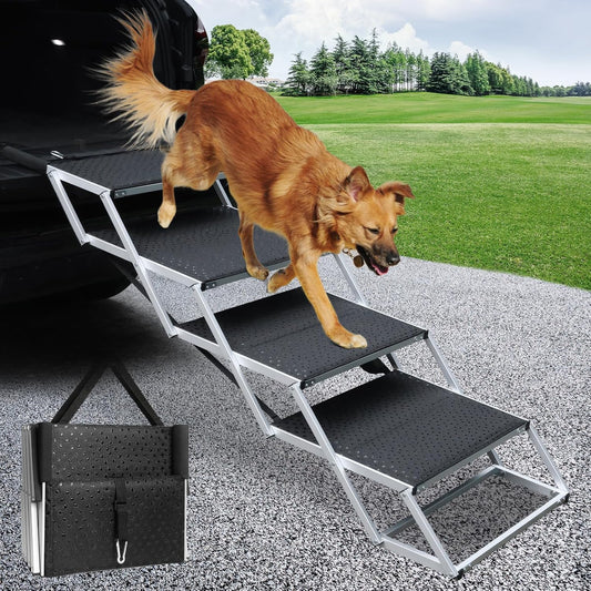 DGSL Dog Ramp for Car, 4-Step Folding Dog Stairs, Aluminum, Black, Supports Up to 250 Lbs