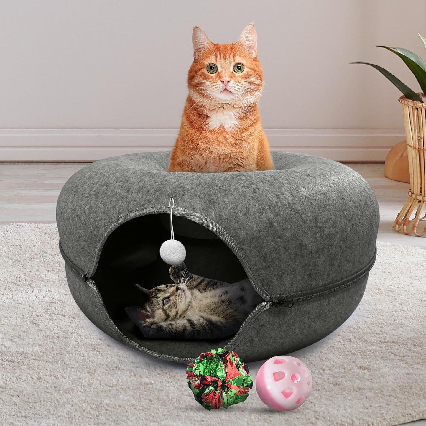 Okoco Cat Tunnel Bed for Indoor Cats Large, 24" Peekaboo Cat Cave Donut Bed for Pets up to 45lbs, 2-in-1 Round Tube with Hanging Ball Toy & Removable Machine Washable Parts (Dark Gray)