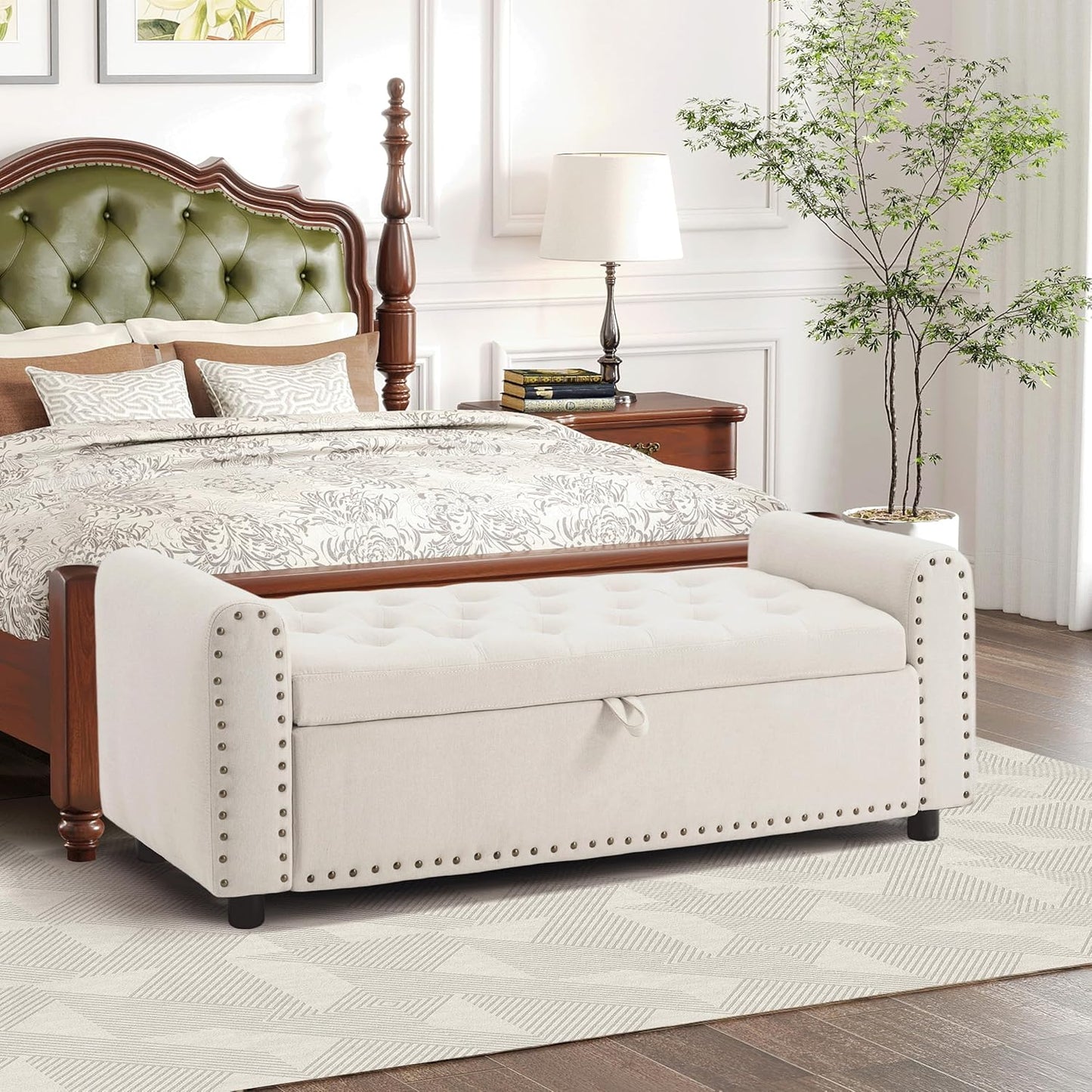 Ottoman with Storage, Tufted Storage Bench for Bedroom, 48" Fabrics End of Bed Bench, Upholstered Entryway Shoe Benches with Rolled Arm & Inner Zipper, Window Ottomans Chest with Rivets, Beige