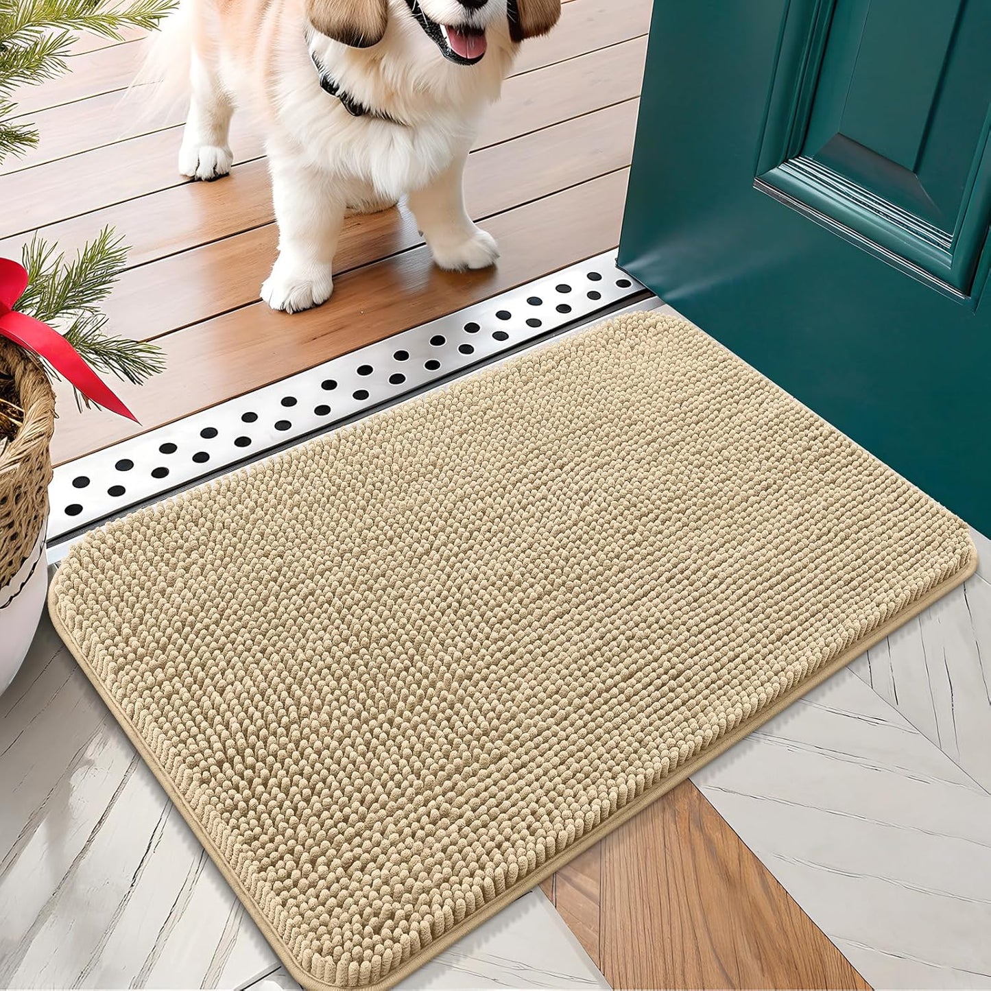 OLANLY Dog Door Mat for Muddy Paws 30x17, Absorbs Moisture and Dirt, Absorbent Non-Slip Washable Doormat, Quick Dry Chenille Mud Mat for Dogs, Entry Indoor Entryway Carpet for Inside Floor, Beige