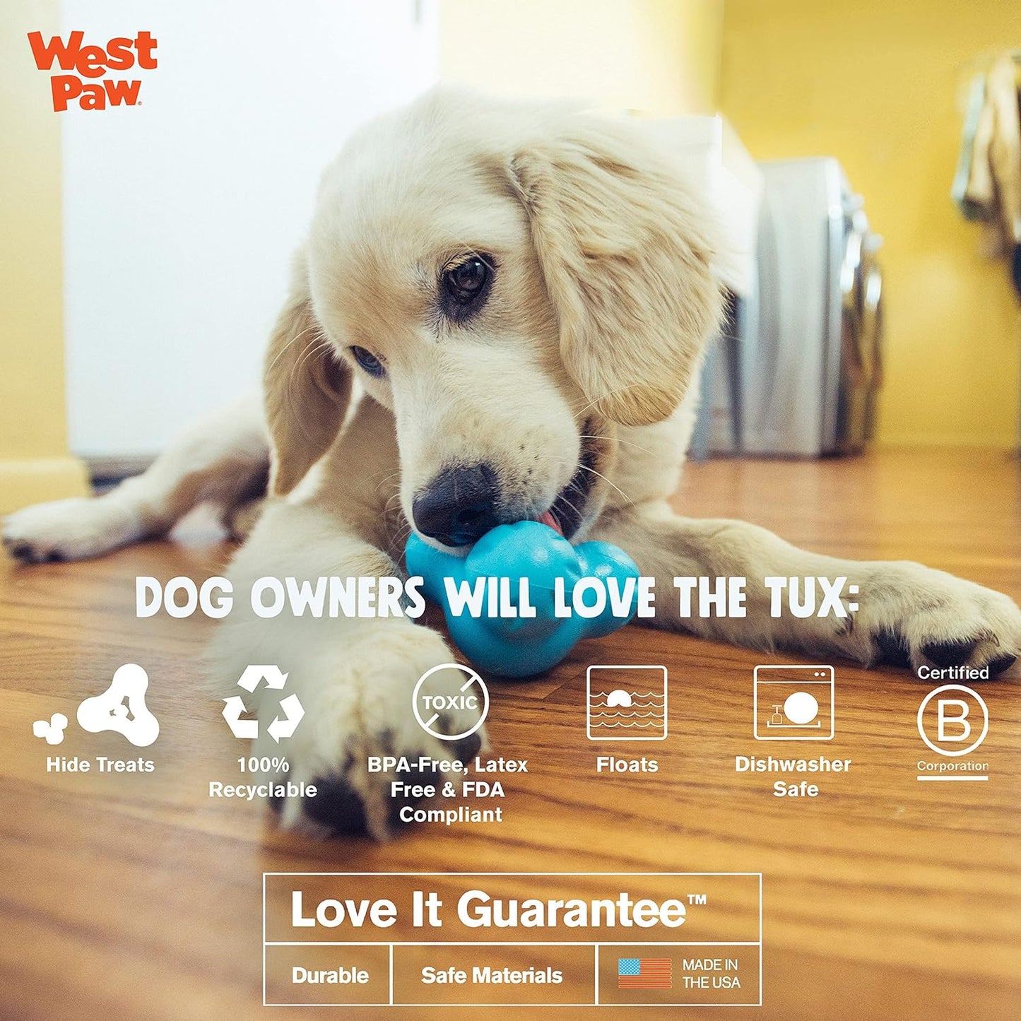 WEST PAW Zogoflex Tux Treat Dispensing Dog Chew Toy – Interactive Chewing Toy for Dogs – Dog Games for Aggressive Chewers, Fetch, Catch – Holds Kibble, Treats, Small 4", Granny Smith