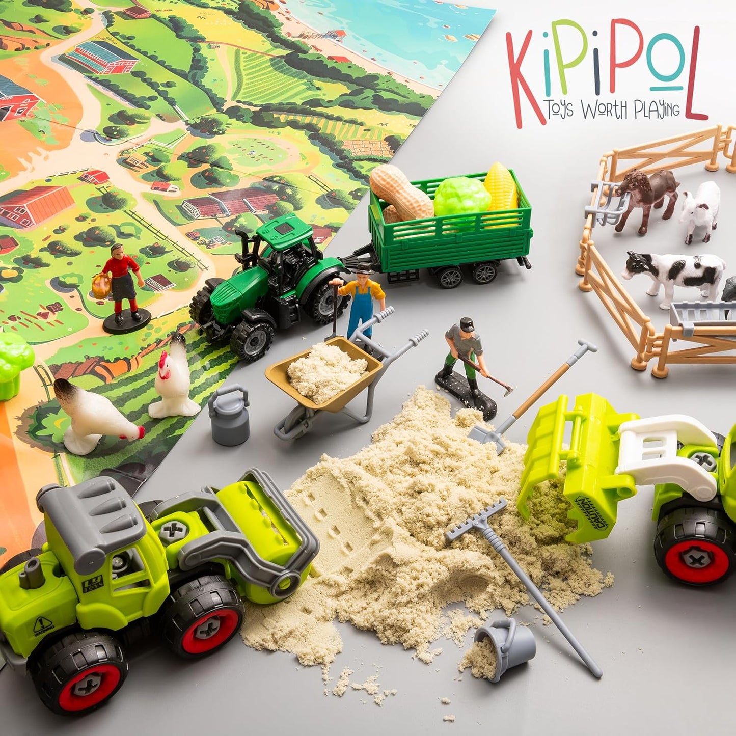 59 PCS Farm Sensory Bin Sandbox with Lid, 2.2 LB Sensory Sand, 40 Toddler Farm Toys, 3 Take Apart Construction Trucks -Sensory Toys for Kids 5-7, 3-4 & Up- Kids Gifts for Boys and Girls