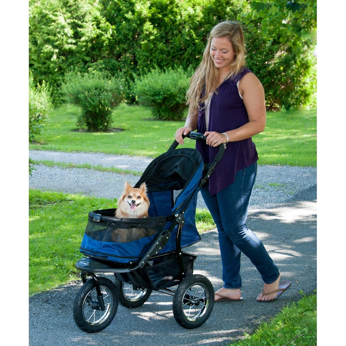 Pet Gear No-Zip Jogger Pet Stroller for Cats/Dogs, Zipperless Entry, Airless Tires, Easy One-Hand Fold, Cup Holder + Storage Basket, Navy