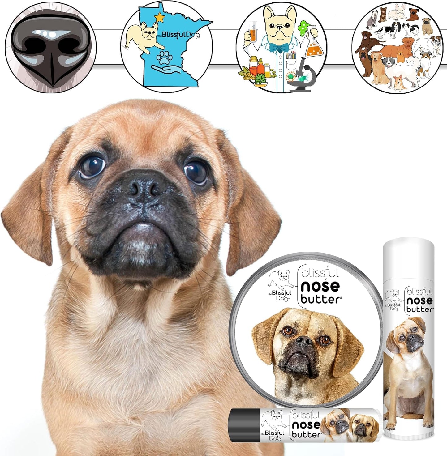 The Blissful Dog Puggle Nose Butter for Dry, Cracked Skin, Lick-Safe Dog Nose Balm with Moisturizing Shea Butter, Almond, Olive, and Essential Oils, Pet Supplies, Uncented, 4 oz.