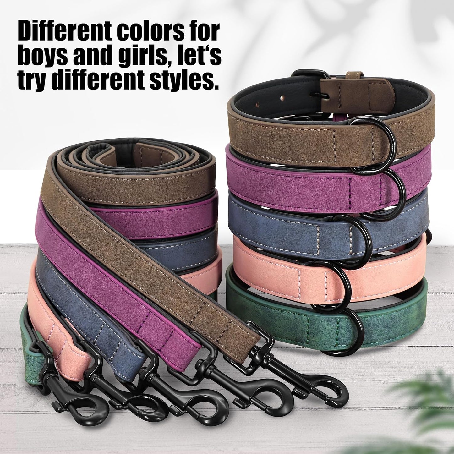 Didog Soft Padded Leather Dog Collar and Leash Set, Heavy Duty Dog Leash and Collar Set with Metal Buckle, Breathable Dog Collars with 4FT Leather Dog Leash for Small Medium Large Dogs, Purple, M