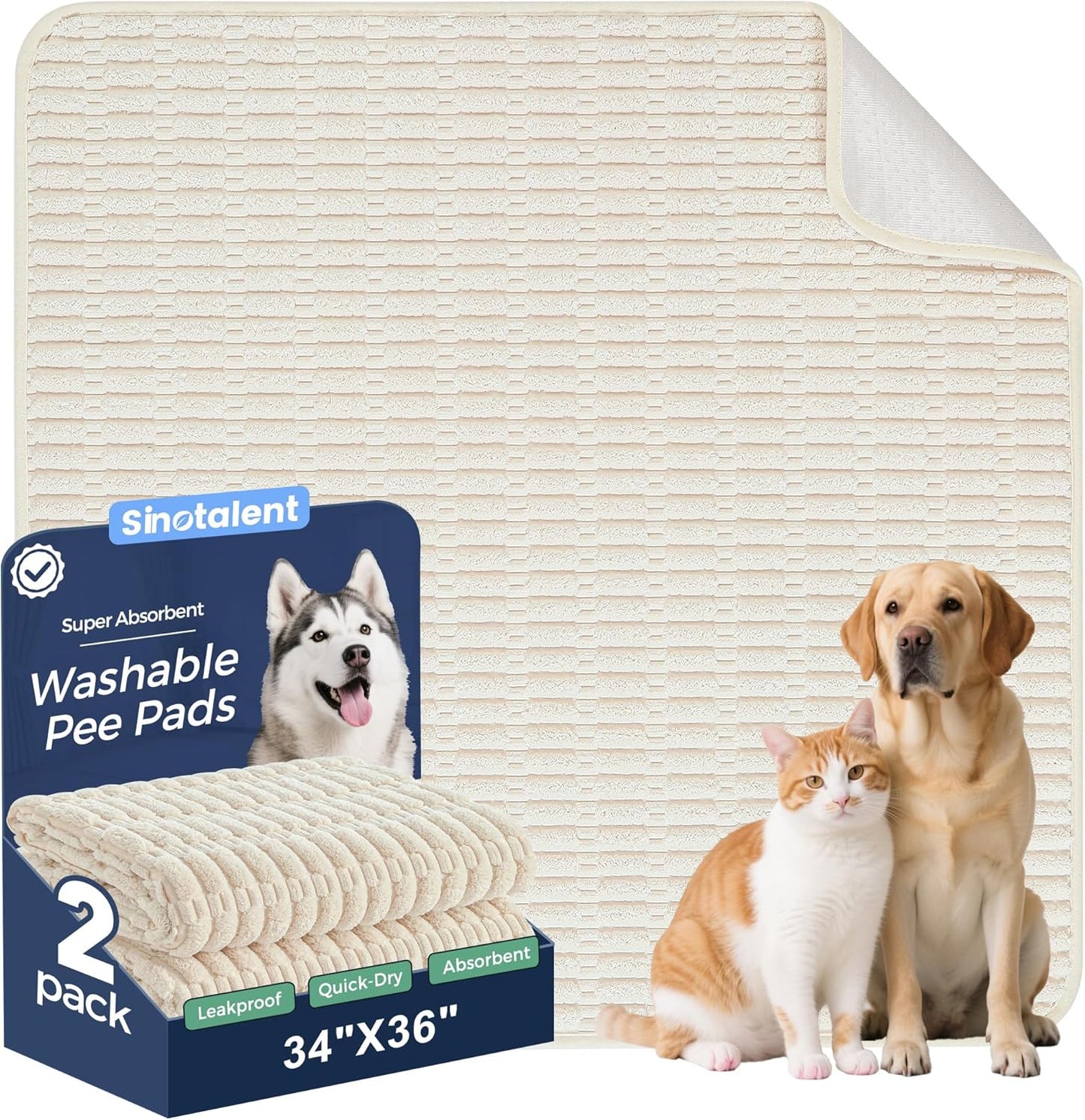Washable Pee Pads for Dogs, 2 Pack Reusable Puppy Pads Dog Pads, Non-Slip Dog Pee Pads, Leakproof Pet Pee Pads Wee Wee Pads for Dogs. (Cream White, 34"x36"(Pack of 2))