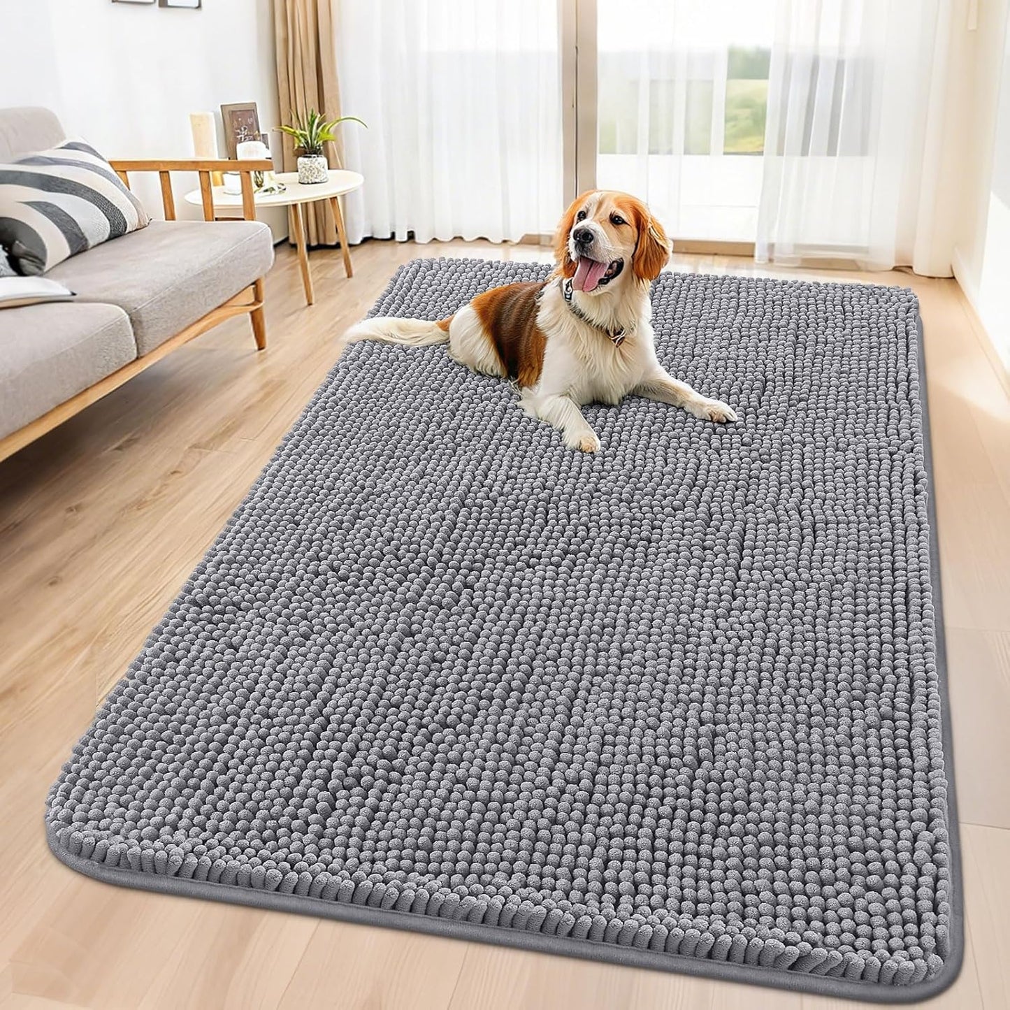 Smiry Dog Door Mat for Muddy Paws 59x35, Absorbs Moisture and Dirt Doormat, Non-Slip Washable Quick Dry Chenille Front Door Mat Indoor Entrance, Entryway Carpet for Inside Floor, Grey