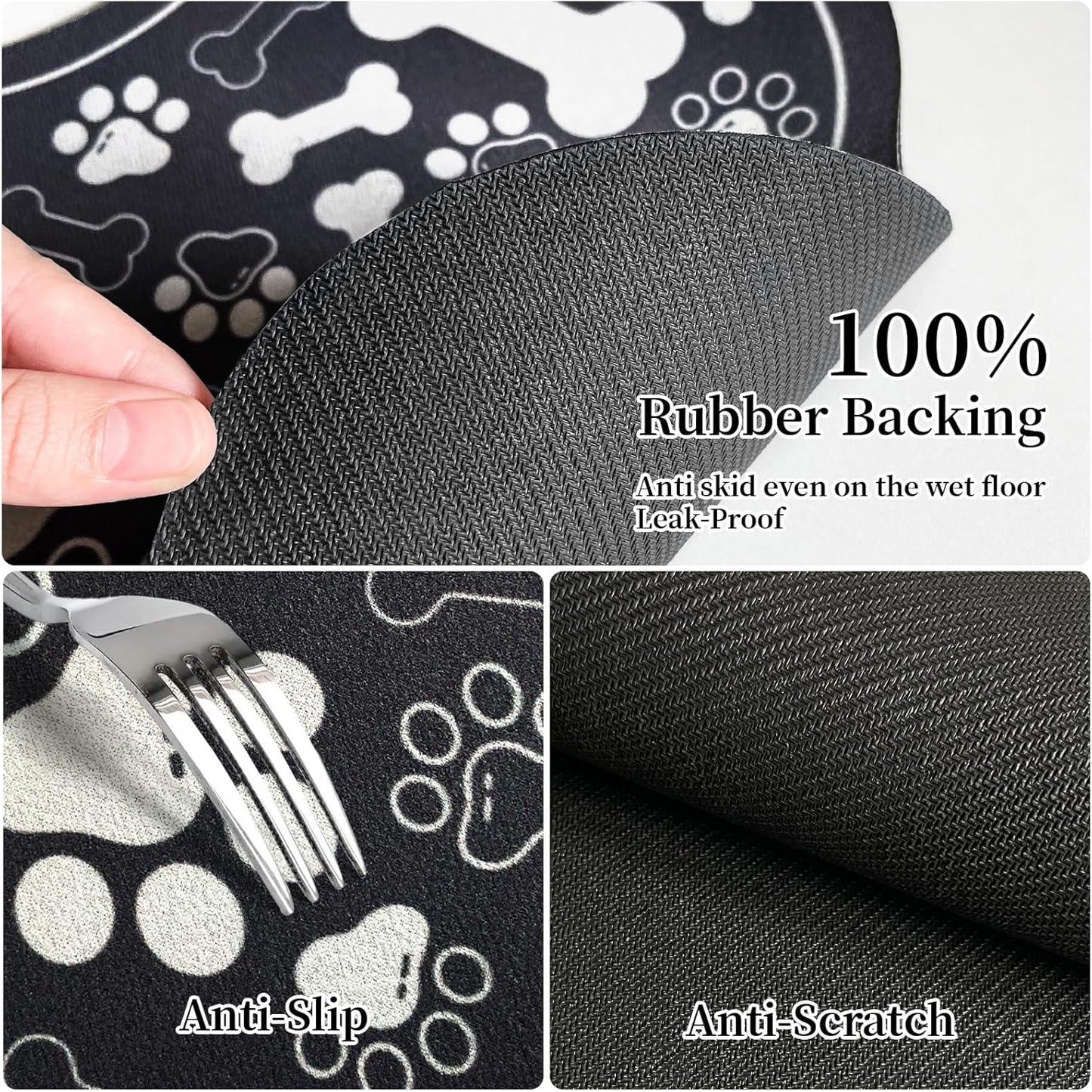 Dog & Cat Food Mat Bone Shaped Pet Feeding Mat Quick Absorb Water Bowl Placemat with Rubber Backing Indoor Floor Stain Resistant Pet Accessory Supplies (Black, 16x24 Inches)