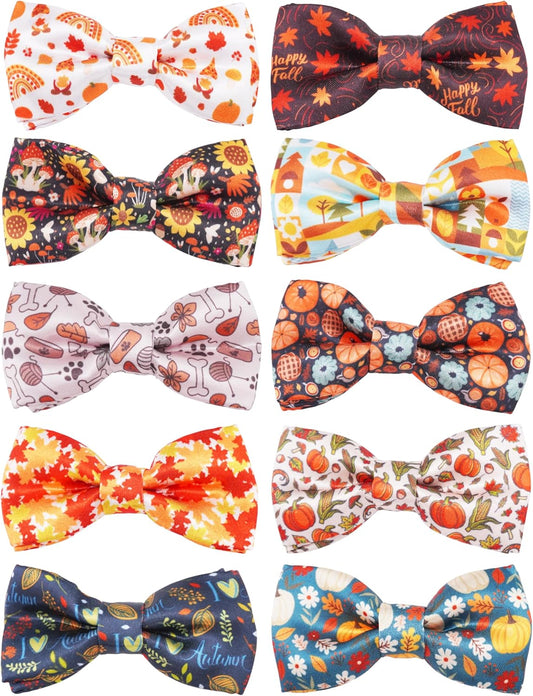 PET SHOW 10 Pack Fall Big Dog Bow Ties for Large Medium Dogs Sliding Collar Attachments Autumn Bowties Pumpkin Maple Leaf Bowknots Holiday Party Pet Grooming Accessories(Large)