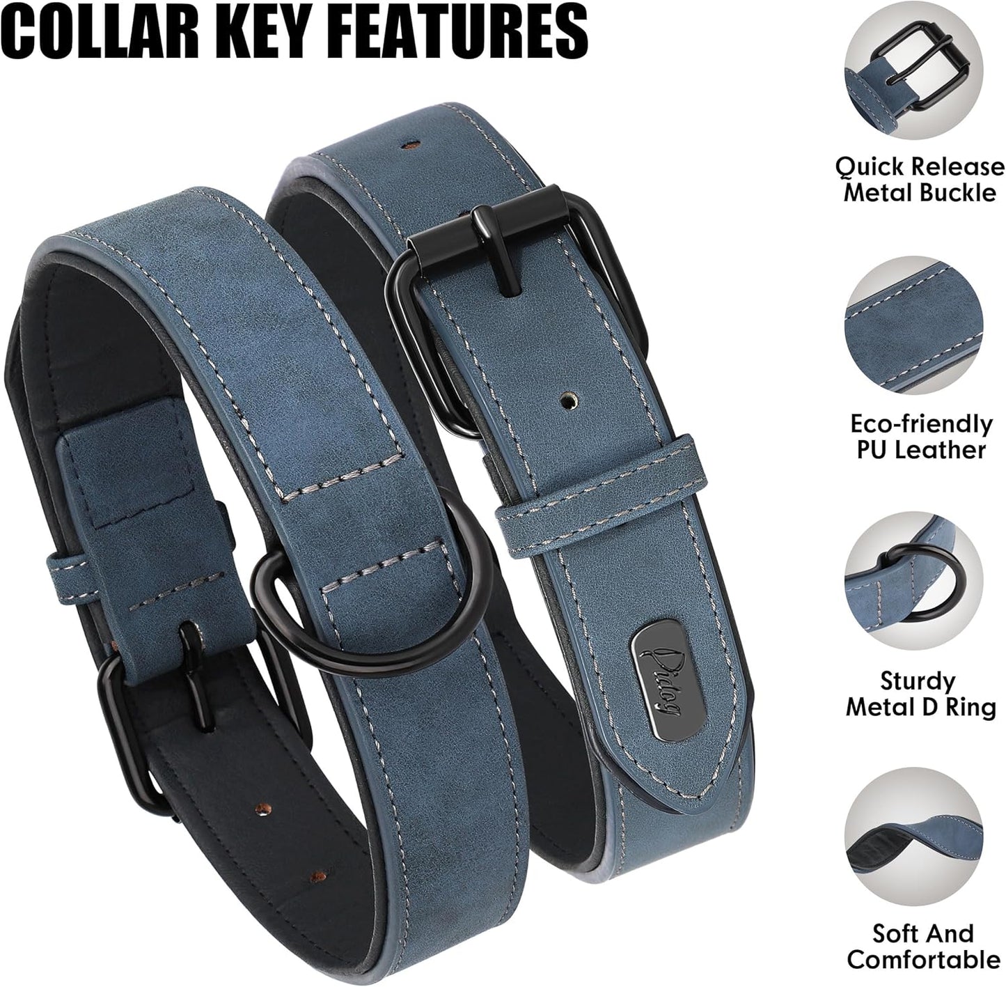 Didog Soft Padded PU Leather Dog Collar, Breathable and Adjustable Dog Collar for Large Dogs, Comfortable for Daily Walk, Blue, XL Fit Neck 17-21"(44-71 lbs)