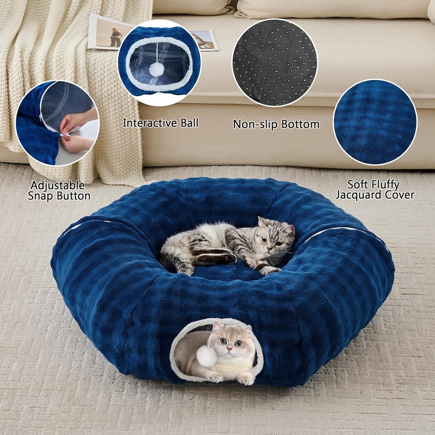 Bubble Cat Tunnel for Indoor Cats, Round Peekaboo Cave Toy with Dangling Balls, Donut Tunnel Bed with Circle Mat for Puppy Kitten Rabbit, Navy Blue