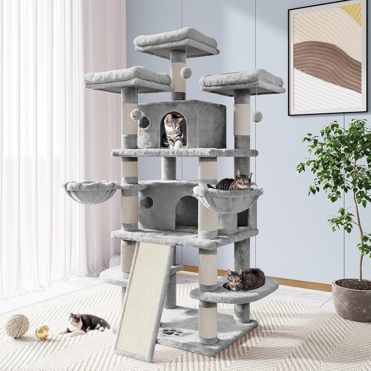 Allewie 68 Inches Cat Tree/House and Towers for Big Feline/Scratching Post/Multi-Level Large Kitty Climbing Tree with Condo/Light Grey
