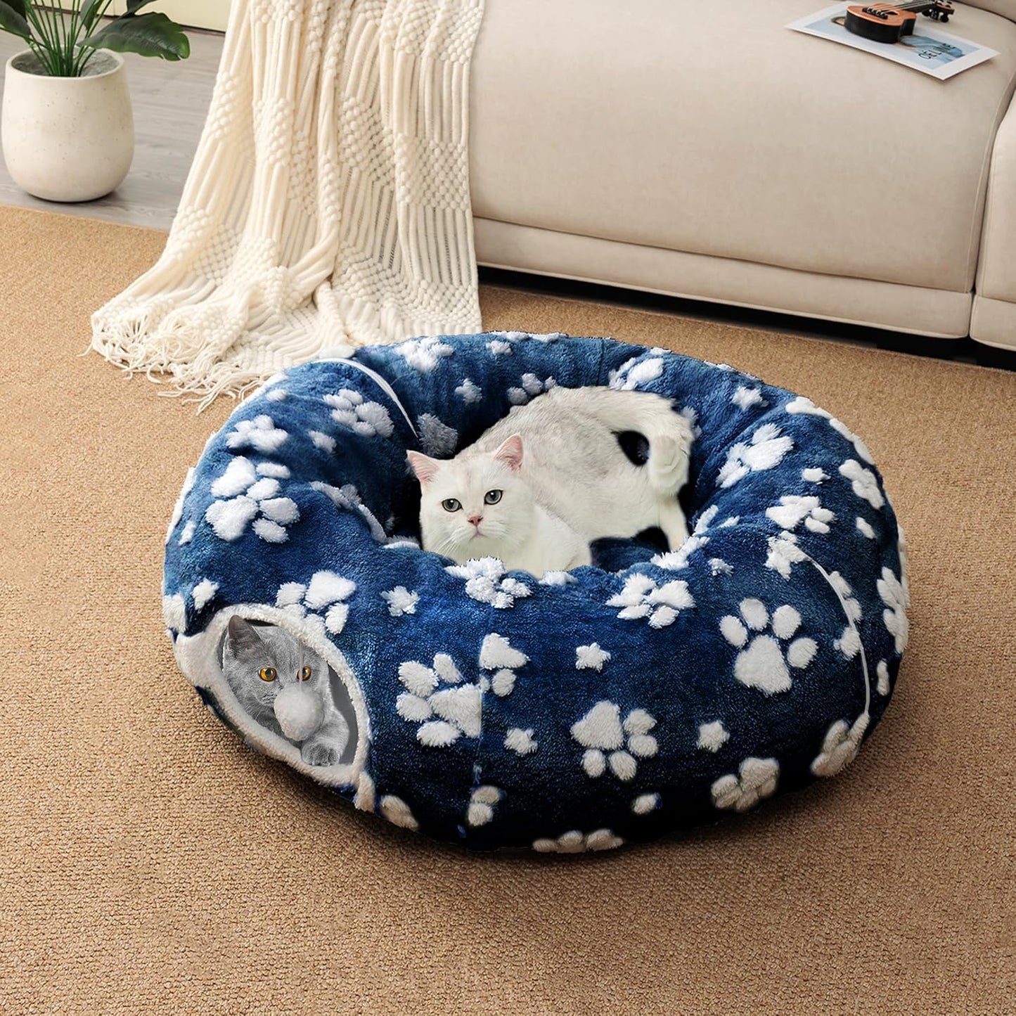 Cat Tunnel for Indoor Cats, Cute Peekaboo Cat Cave with Dangling Balls, Pet Donut Tunnel Bed with Circle Mat for Puppy Kitten Rabbit, Blue Paw