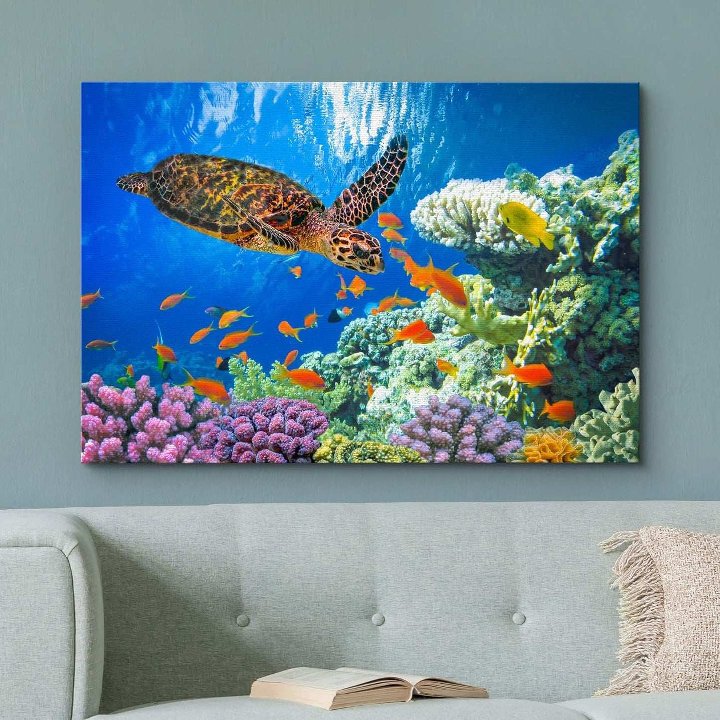 wall26 Canvas Print Wall Art Vibrant Neon Underwater Turtle, Reef & Fish Nature Animals Photography Realism Rustic Scenic Landscape Wilderness Colorful for Living Room, Bedroom, Office - 32"x48"