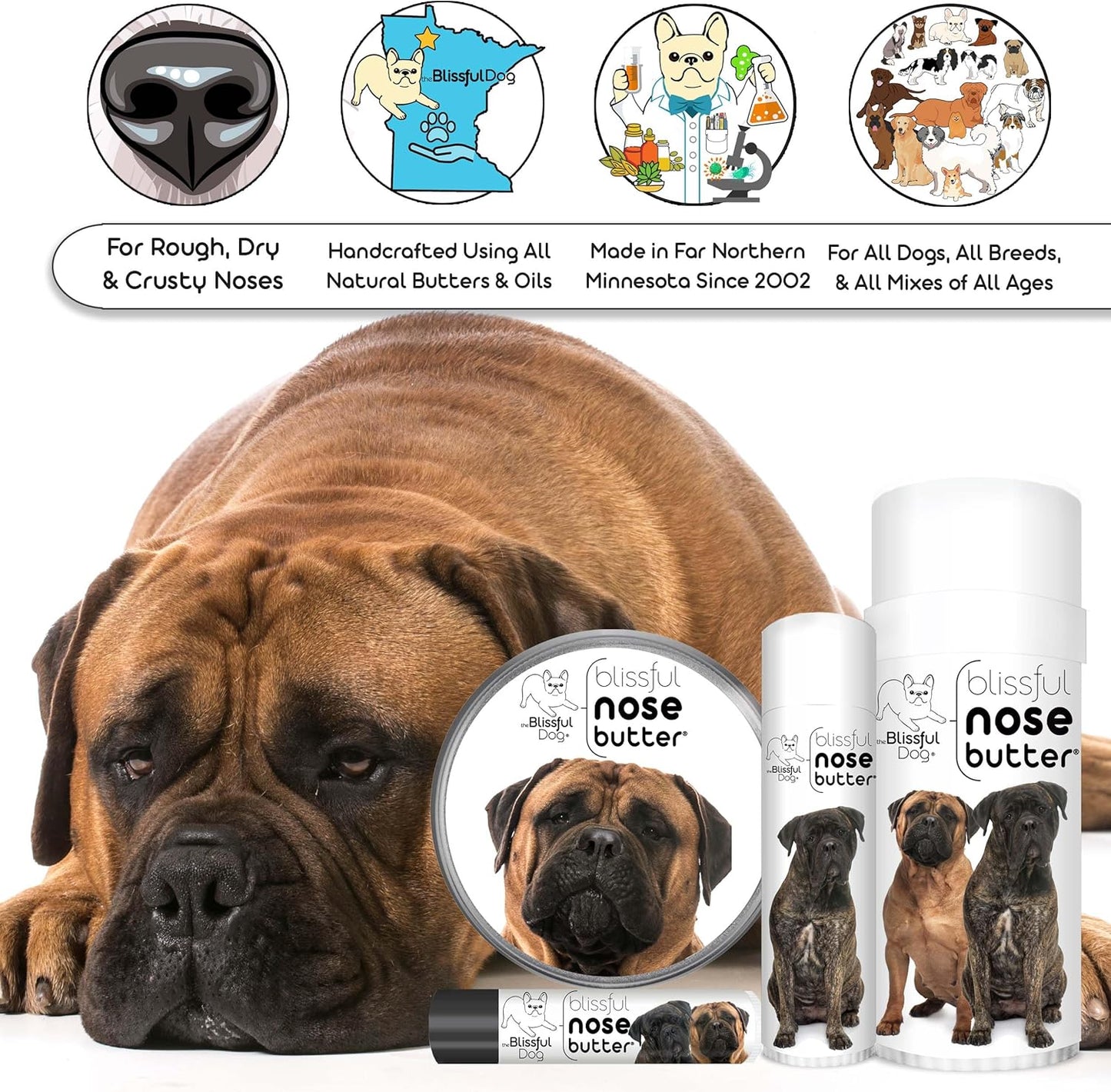 The Blissful Dog Bullmastiff Nose Butter for Dry, Cracked Skin, Lick-Safe Dog Nose Balm with Moisturizing Shea Butter, Almond, Olive, and Essential Oils, Pet Supplies, Uncented, 8 oz.