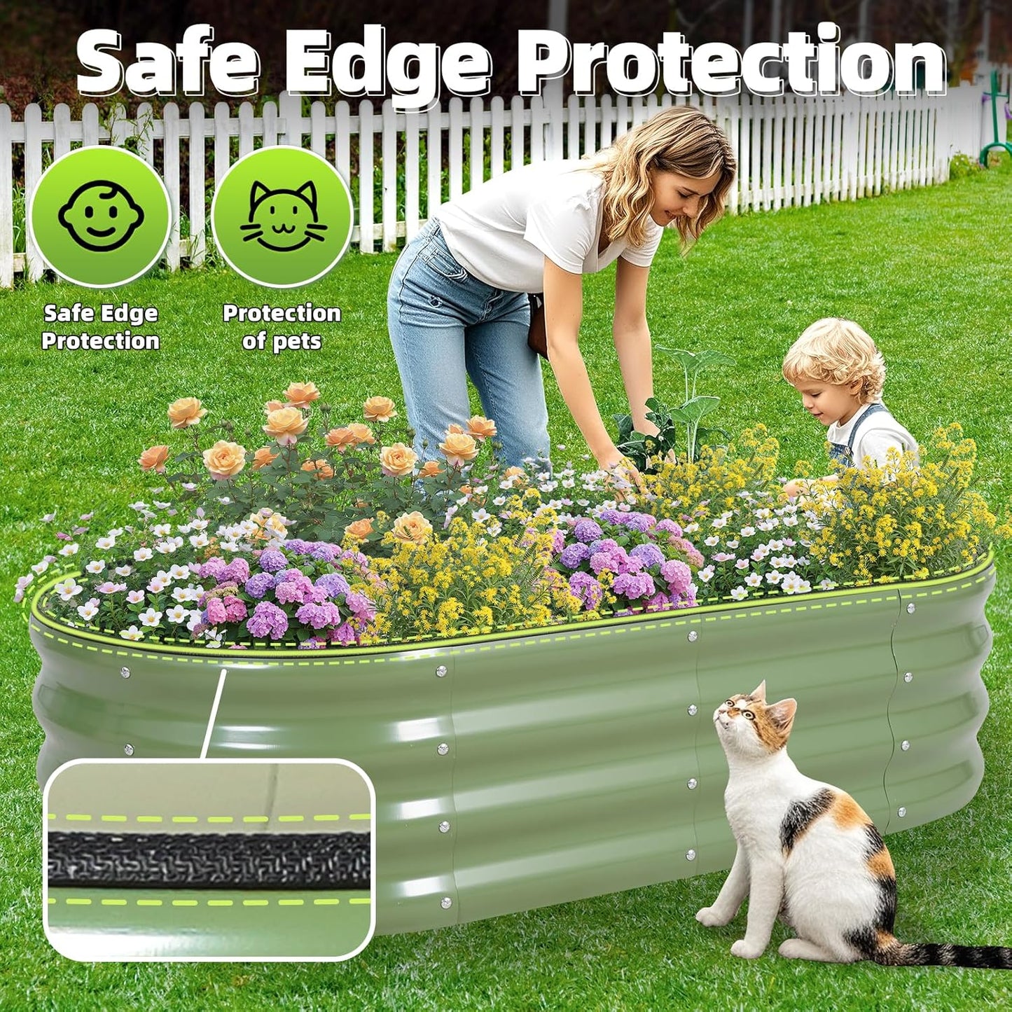 G GOOD GAIN Galvanized Metal Raised Garden Bed Kit - 4x2x1FT Outdoor Planter Box with Safety Edging and Gloves for Vegetables, Fruits, Flowers(Oliver Green, 1PC)