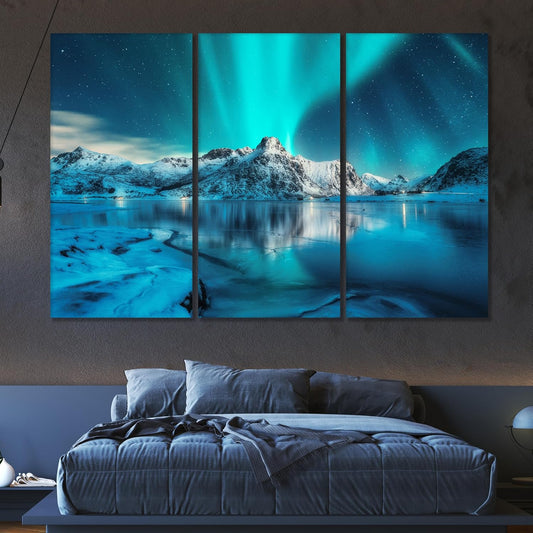 Nature Wall Art Prints - Ocean Forest Mountain Lake Canvas Landscapes - Small to Extra Large Living Room Bedroom Kitchen Bathroom Décor (Northern Lights Over Lake, 55L" x 83W"- 3 Panels)