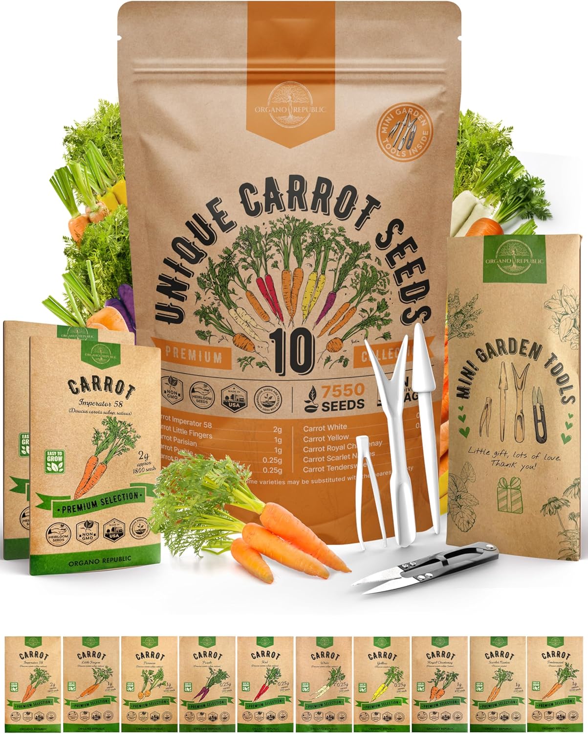 Organo Republic 10 Unique Carrot Seeds Variety Pack - 7,550+ Non-GMO Heirloom Carrot Seeds for Outdoor & Indoor Home Gardening, Including Carrot Imperator 58, Little Fingers, Scarlet Nantes, Parisian