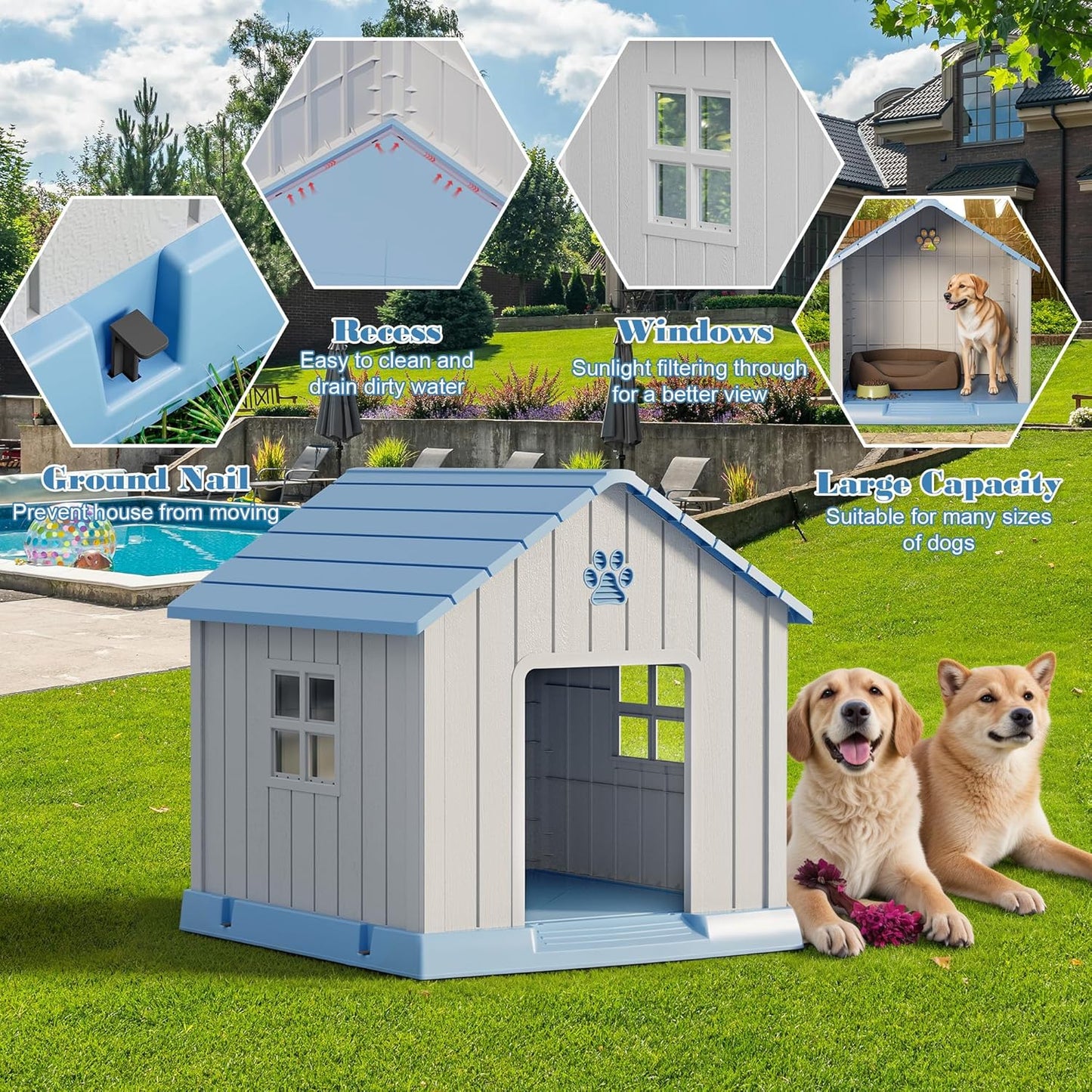 Large Dog House Outdoor Indoor for Medium Large Dogs, Durable Plastic Waterproof Doghouse with Air Vents and Elevated Floor, Easy Clean and Assemble (Blue, 31" L x 33.3" W x 33.5" H)