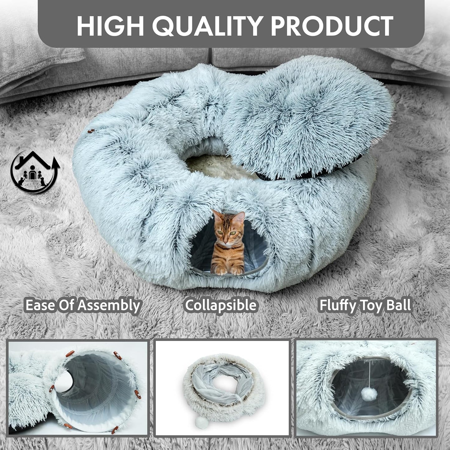Large Cat Tunnel Bed for Indoor Cats Warm Fluffy Plush Cat Cave Tunnel Bed Collapsible, Washable, 3 Way and Multifunctional with Dangling Balls for Cats, Kittens and Rabbits- Gray