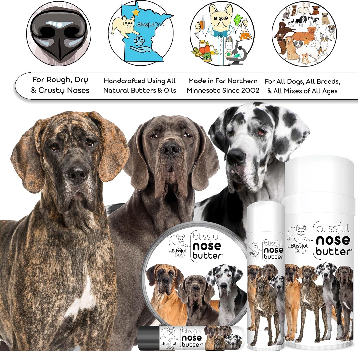 The Blissful Dog French Great Dane Nose Butter for Dry, Cracked Skin, Lick-Safe Dog Nose Balm with Moisturizing Shea Butter, Almond, Olive, and Essential Oils, Pet Supplies, Uncented, 0.50 oz.
