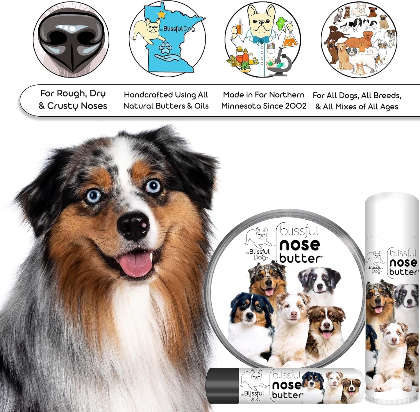The Blissful Dog Australian Shepherd Nose Butter for Dry, Cracked Skin, Lick-Safe Dog Nose Balm with Moisturizing Shea Butter, Almond, Olive, and Essential Oils, Pet Supplies, Uncented, 0.15 oz.