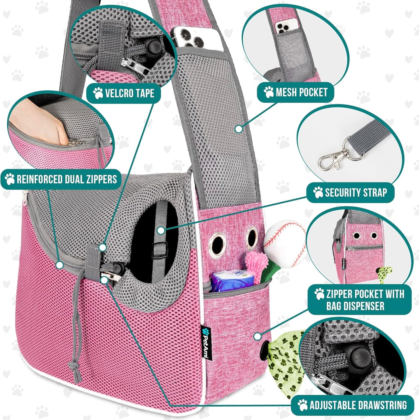 PetAmi Small Dog Sling Carrier, Soft-Sided Crossbody Puppy Carrying Purse Bag, Adjustable Sling Pet Pouch to Wear Medium Dog Cat Travel, Dog Bag for Traveling, Poop Bag Dispenser, Max 10 lbs, Pink