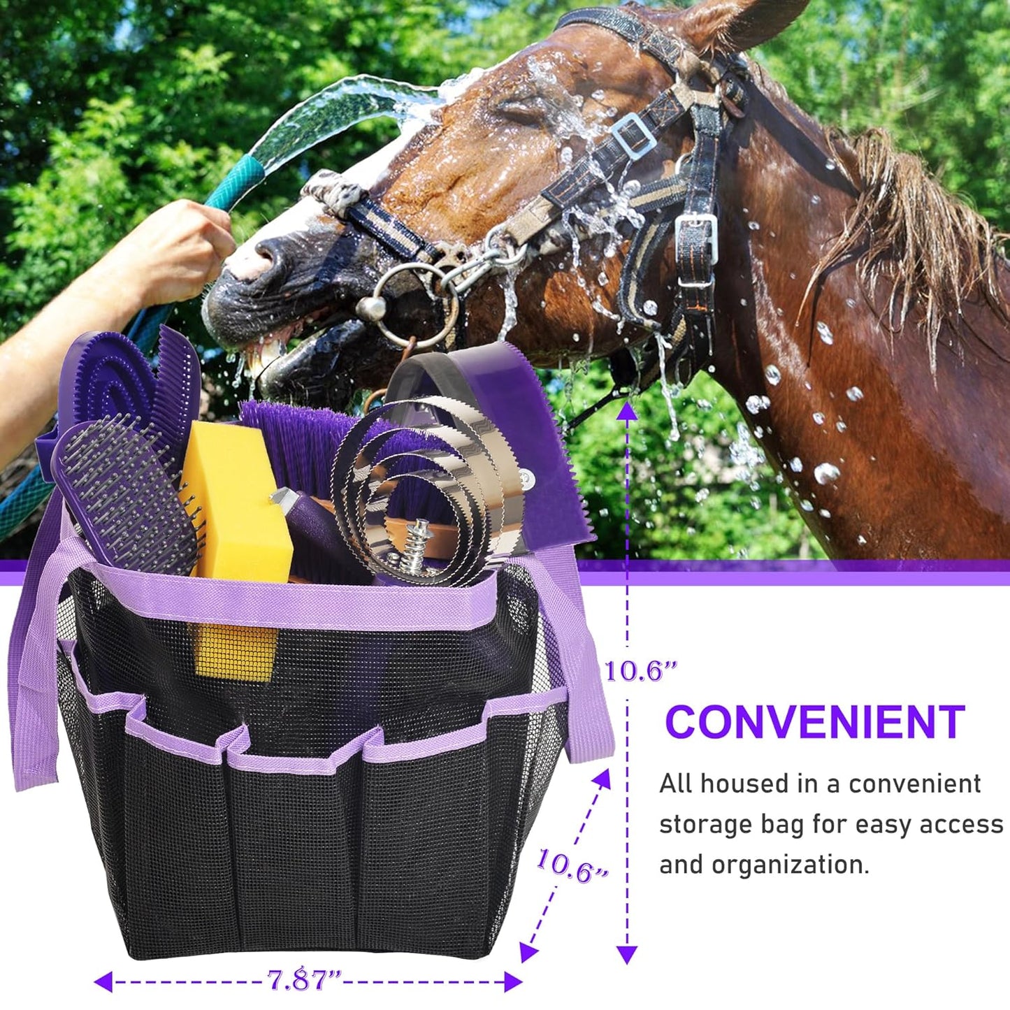 Horse Grooming Kit - 11 Piece Bathing Supplies with Organize Bag, Full Body Kit Including Sweat Scraper, Bath Sponge, Hoof Pick, Massage Comb (Purple)
