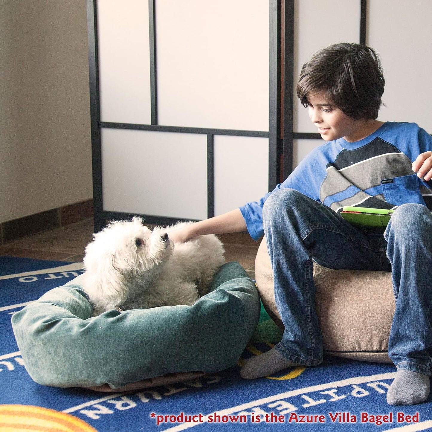 Majestic Pet 32 Inch Micro Velvet Calming Dog Bed Washable – Cozy Soft Round Dog Bed with Spine for Head Support - Fluffy Donut Dog Bed 32x23x7 (inch) – Round Pet Bed Medium – Azure