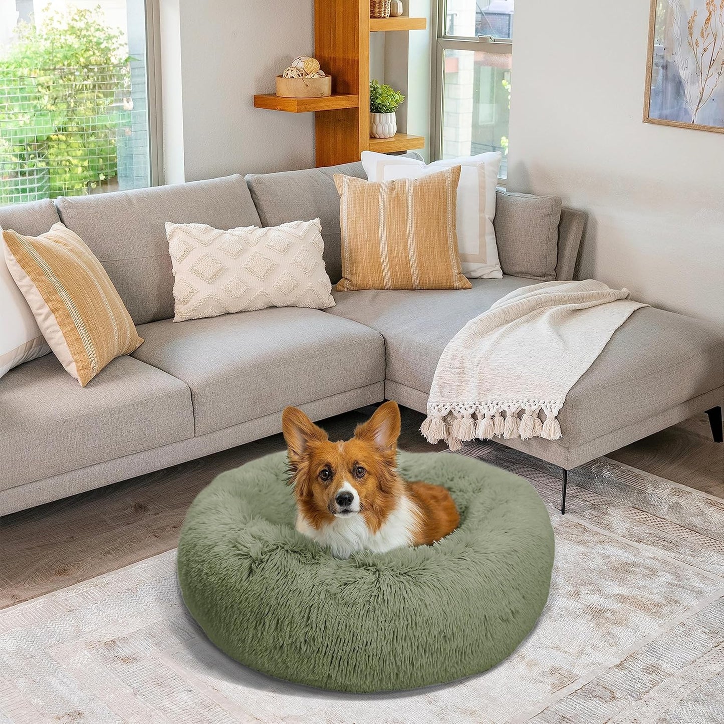 Best Friends by Sheri Original Calming Donut Dog and Cat Bed, Shag Faux Fur, Sage Green, (30in x 30in) - Anxiety Relief for Pets Up to 45 lbs